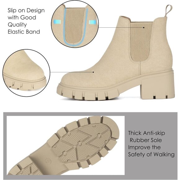 Women Chelsea Apricot Boots Fashion Lug Sole Chunky Heel Slip On Ankle Booties - Picture 4 of 6